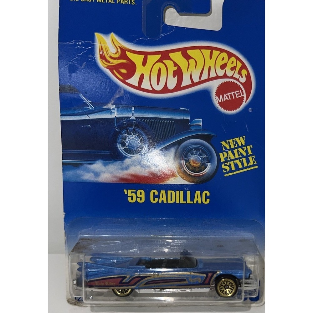 (b31/3)1991 Vintage Hot Wheels Blue/White Card #266 '59 CADILLAC‎ Blue w/Gold